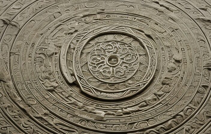 An image capturing the essence of ancient Celtic calendars, depicting intricate stone engravings of celestial symbols, interwoven with intricate patterns representing seasonal cycles, as unearthed by archaeologists