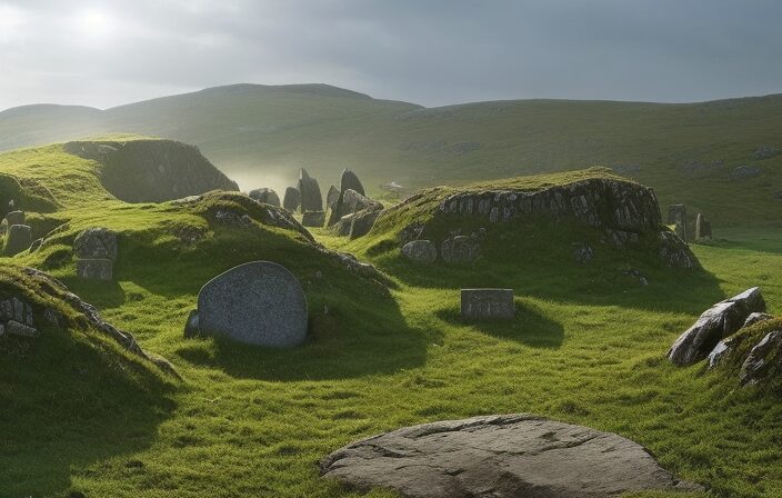 An image showcasing a Celtic burial mound surrounded by ancient stone circles and intricate carvings