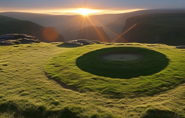 An image showcasing a stone circle with intricate carvings, aligned perfectly with the sun's rays on the solstice