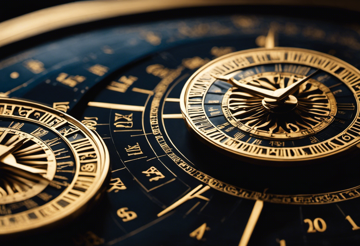An image that showcases the evolution of timekeeping by contrasting the intricate zodiac-based Babylonian calendar with the modern Gregorian calendar, highlighting their distinct symbols, celestial alignments, and chronological advancements