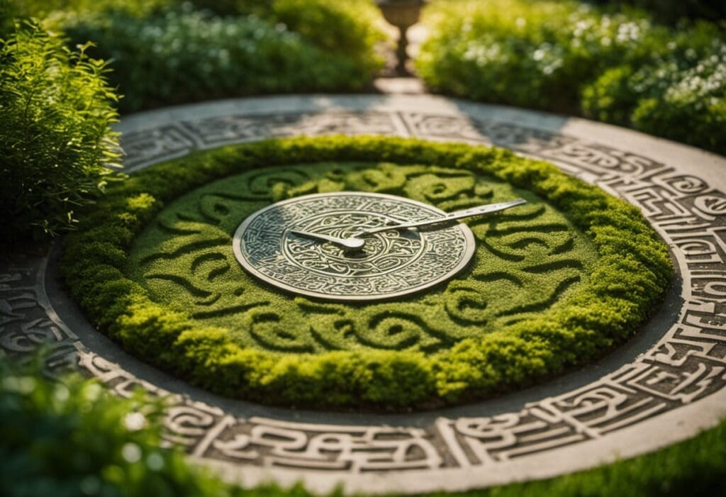 An image showcasing a peaceful, lush green garden with a stone sundial at its center, casting intricate shadows that align perfectly with Celtic symbols engraved on the ground, illustrating the practical applications of the Celtic Calendar