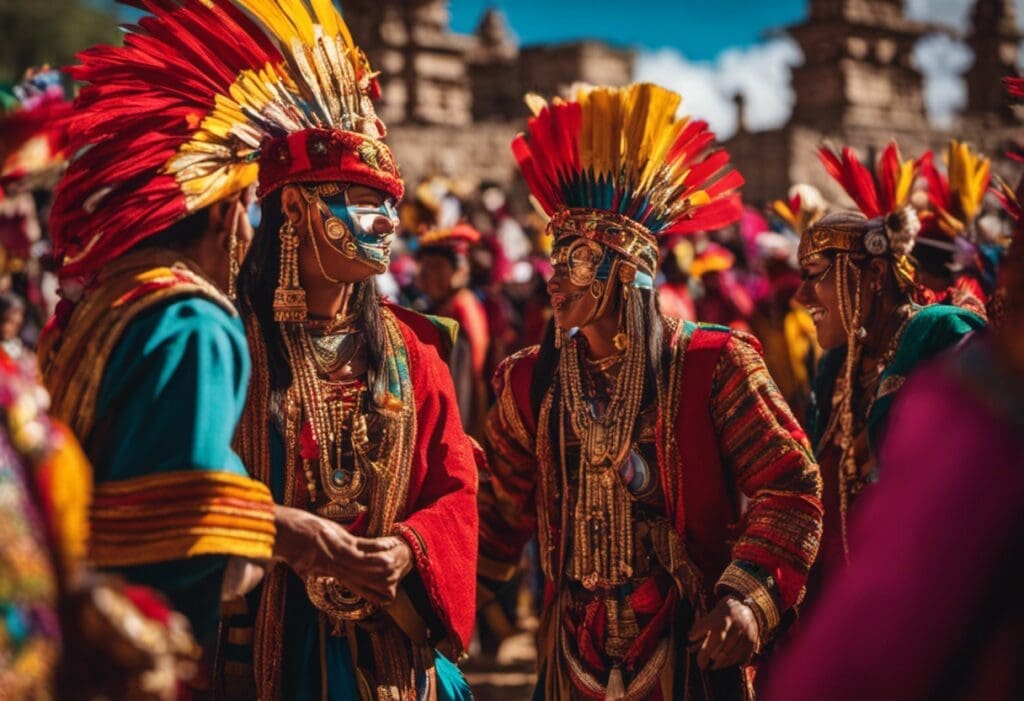 An image depicting vibrant Inca festivals, with people wearing colorful traditional garments and intricate masks, dancing around a magnificent stone temple adorned with golden accents, while the sun casts a warm glow on the joyous scene