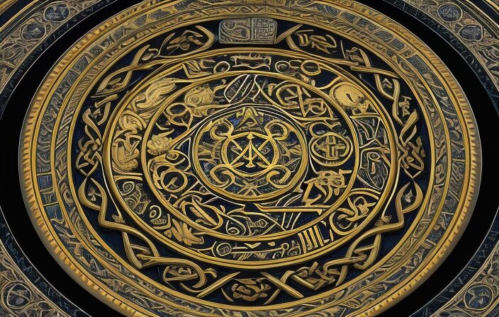 An image showcasing a vibrant Celtic zodiac wheel adorned with intricate knotwork, featuring 13 astrological symbols representing the Celtic calendar's lunar months, harmoniously blending mythology, nature, and celestial influence