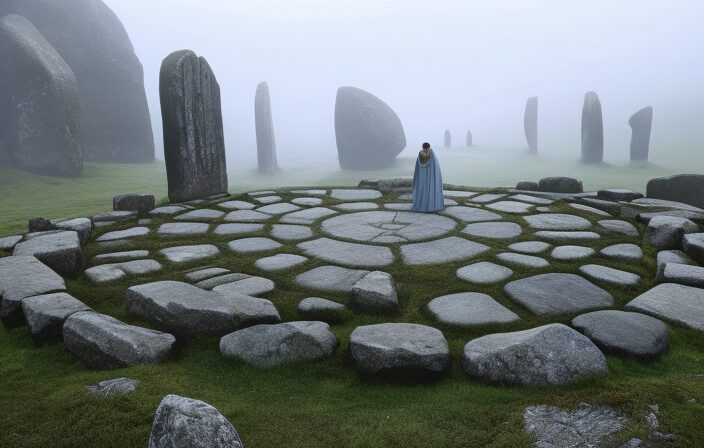 An image depicting an ancient stone circle surrounded by mystical fog, while a cloaked figure stands in its center, studying a Celtic calendar