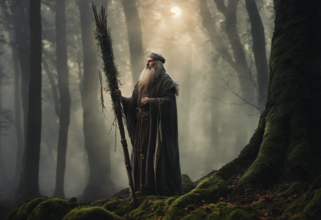 An image featuring a mystical forest scene with an ancient Celtic druid holding an Ogham stick, surrounded by Ogham symbols carved onto trees