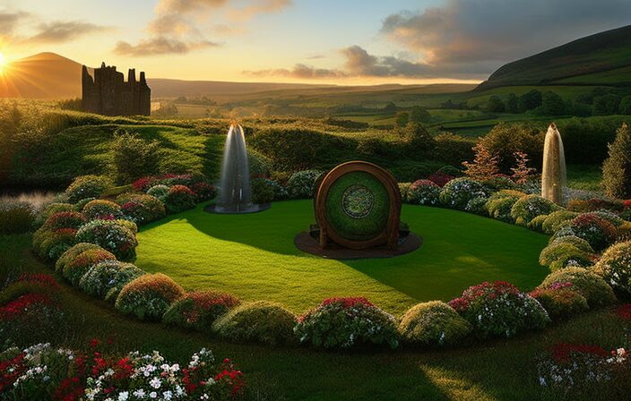 An image capturing the essence of Celtic Calendar Holiday Origins, showcasing ancient stone circles surrounded by lush green landscapes, adorned with vibrant floral wreaths, and illuminated by the soft glow of flickering bonfires