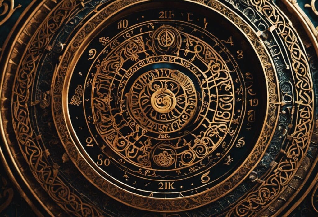 An image showcasing the intricate Celtic calendar, adorned with swirling patterns and symbols representing the four seasons, as a mystical figure gazes upon it, deciphering prophetic messages hidden within its ancient markings