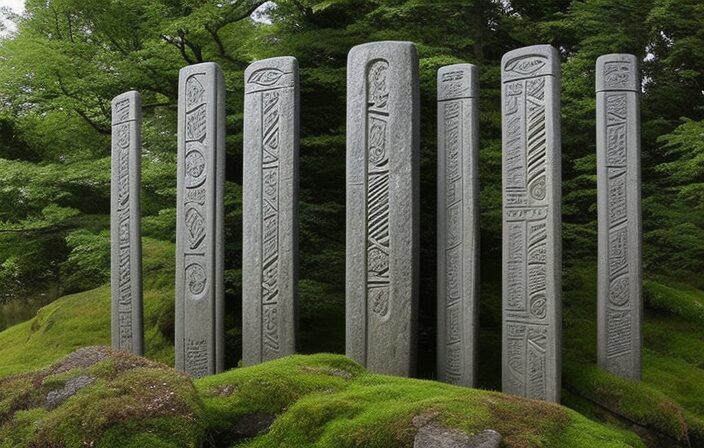 An image showcasing ancient Celtic calendar stone carvings - intricate Ogham stones adorned with precise notches and lines