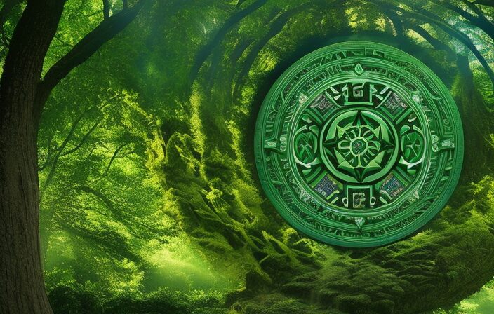 An image of a lush forest with a circular Celtic zodiac wheel in the center