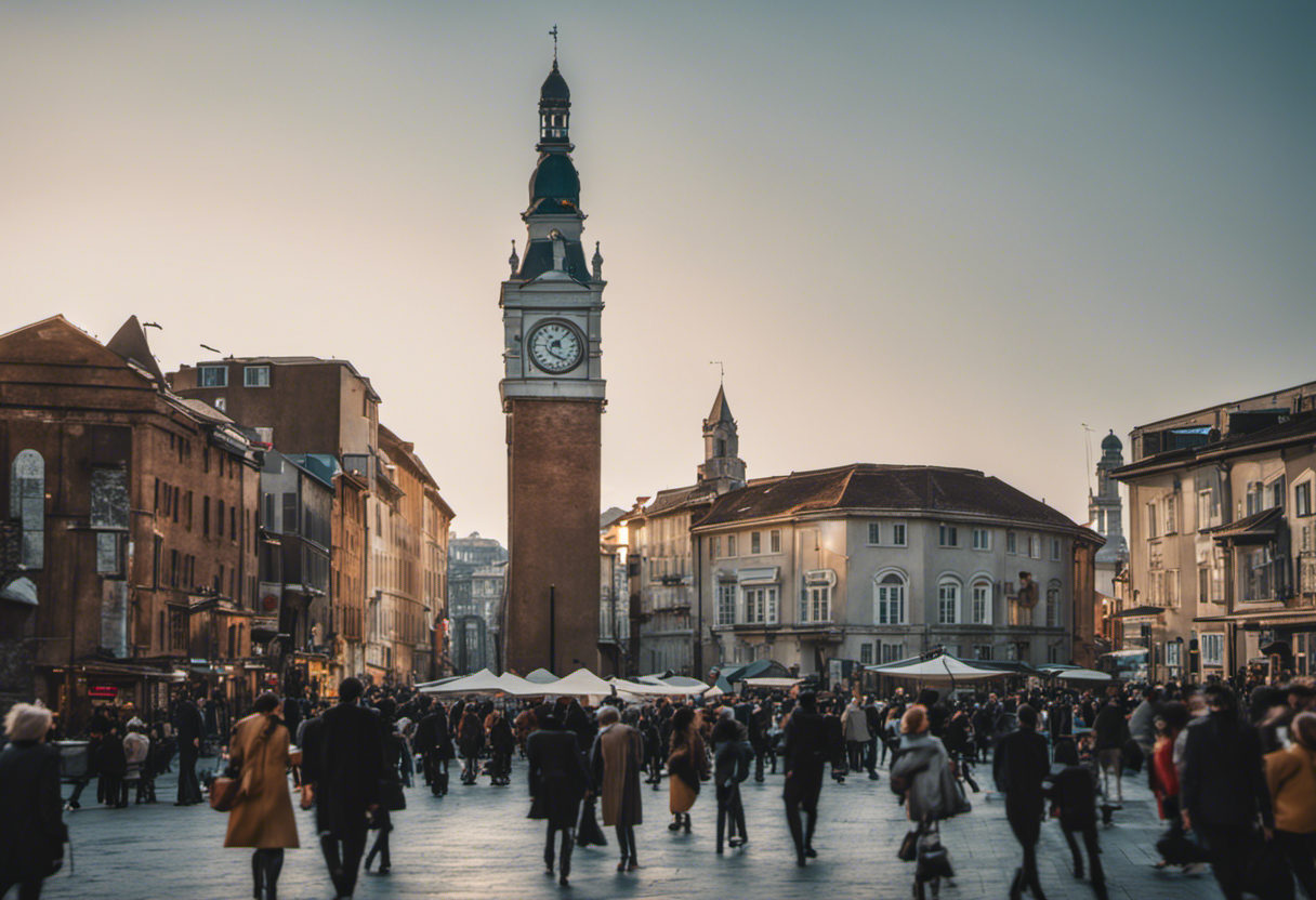 An image depicting a modern, bustling cityscape with people engaged in various cultural activities, while a clock tower displays the Gregorian calendar