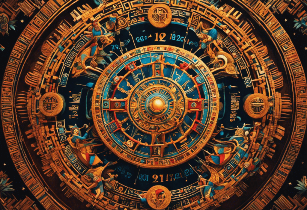 An image showcasing the intricate Inca calendar, depicting interlocking geometric shapes, vibrant colors, and celestial symbols like sun, moon, and stars