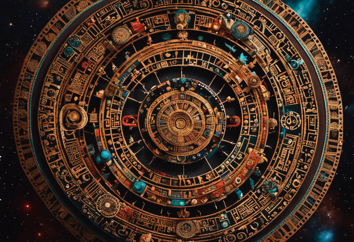 An image that depicts the Inca calendar system, showcasing its intricate circular design with 12 months, each represented by unique symbols and colors, surrounded by celestial motifs to highlight its connection to the cosmos