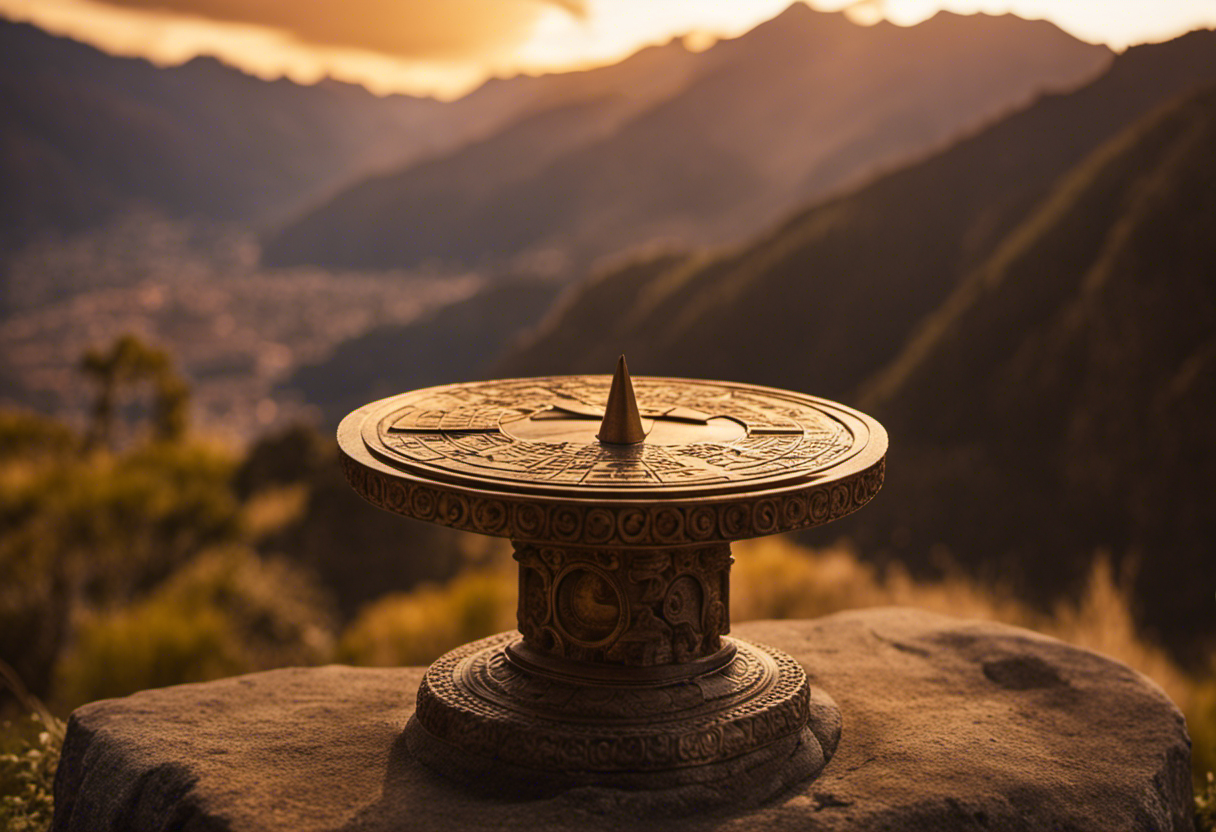 An image showcasing a stone sundial, the Intihuatana, standing tall amidst the breathtaking Andean landscape