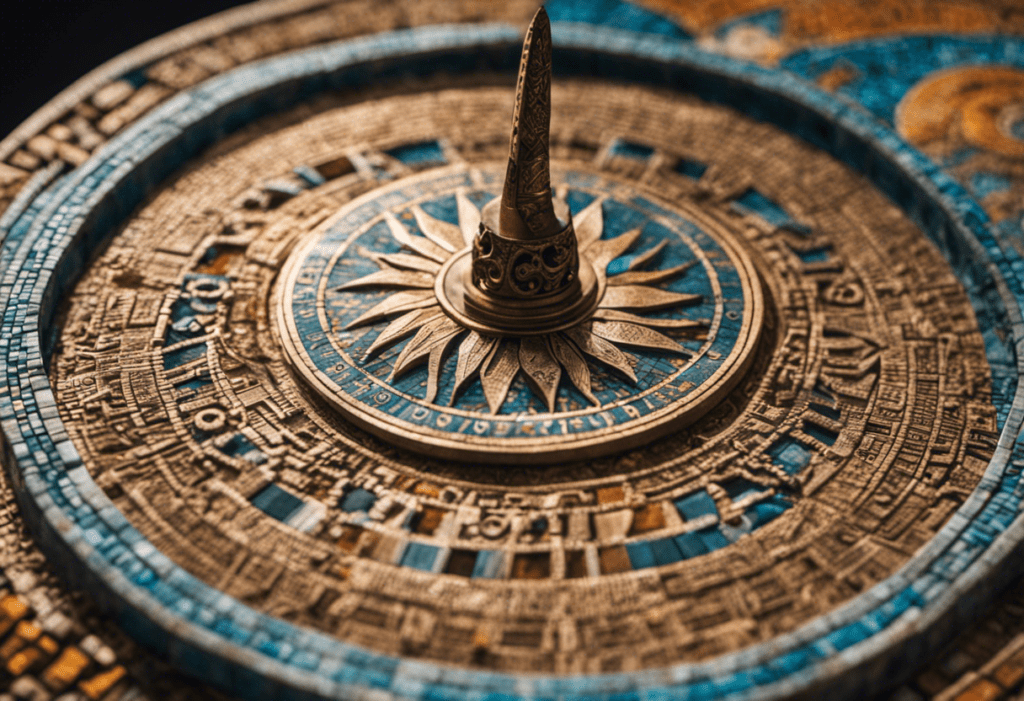 An image showcasing an intricately carved stone sundial, casting its shadows on a vibrant mosaic depicting the sun's journey across the sky, capturing the essence of the Inca Calendar's fascinating timekeeping system