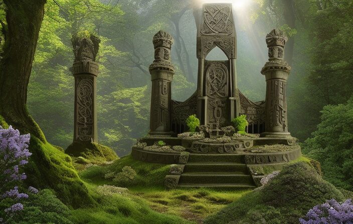 An image showcasing a carved stone monument covered in intricate Celtic symbols, surrounded by lush greenery and wildflowers in a mystical forest, evoking the enigmatic essence of the ancient Celtic calendar