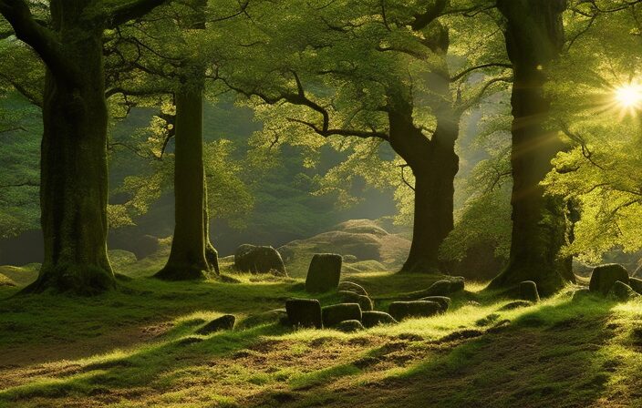 An image showcasing a serene forest clearing, bathed in soft sunlight filtering through ancient oak trees