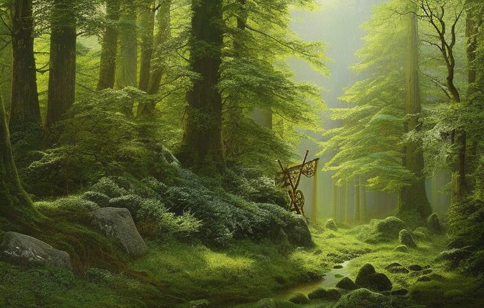 An image showcasing a serene forest clearing adorned with ancient Celtic symbols, where a wise druid is divining the future using Ogham sticks, capturing the mystical essence of the Celtic Tree Calendar