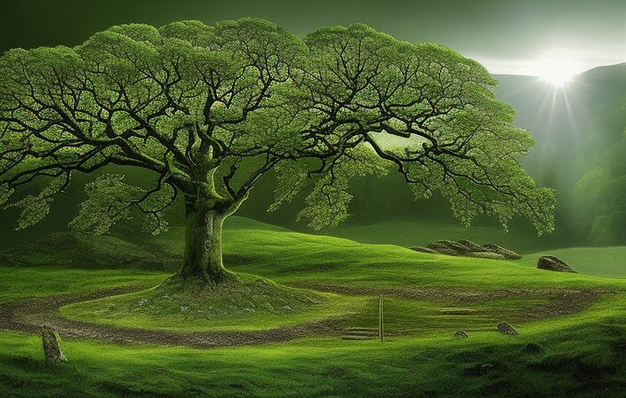 An image capturing the essence of the Celtic Tree Calendar by depicting a mystical forest scene with twelve distinctive trees, each symbolizing a month, surrounded by ancient Ogham inscriptions etched on stones