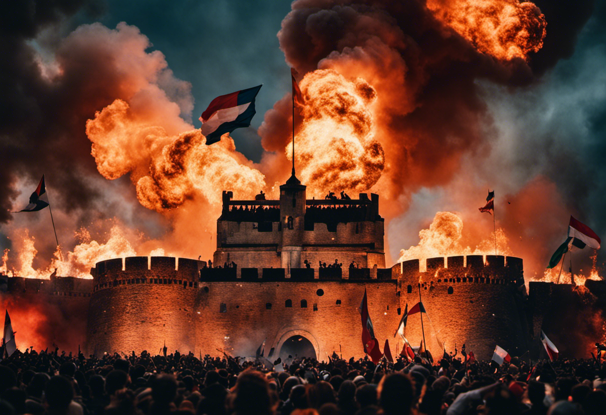 An image of a majestic Bastille fortress engulfed in flames, surrounded by a jubilant crowd wielding tricolor flags, symbolizing the indomitable spirit of revolution and the birth of a new era
