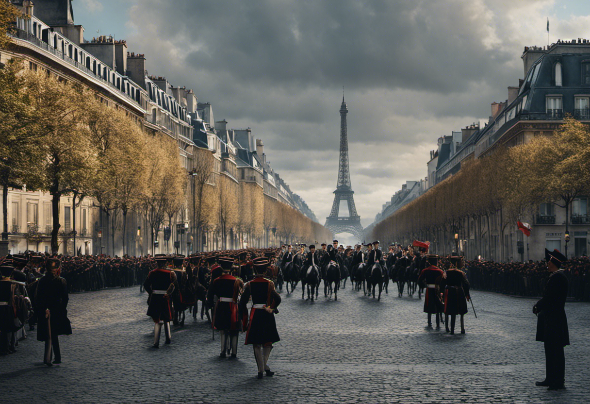 An image depicting a grand scene of Paris on Brumaire 18, showcasing Napoleon Bonaparte's triumph as he ascends to power