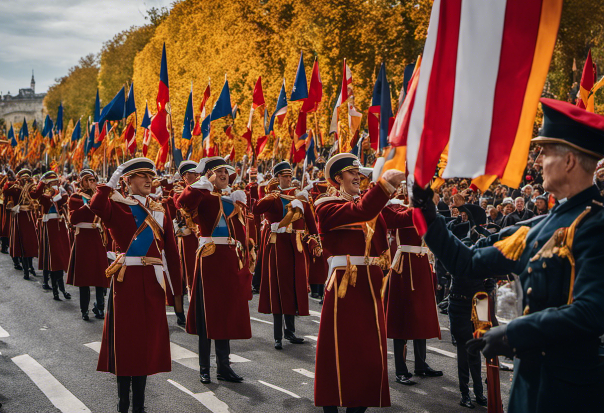 An image of a grand procession, with a vibrant color palette of autumn hues, showcasing the birth of the French Republic on Vendémiaire 3