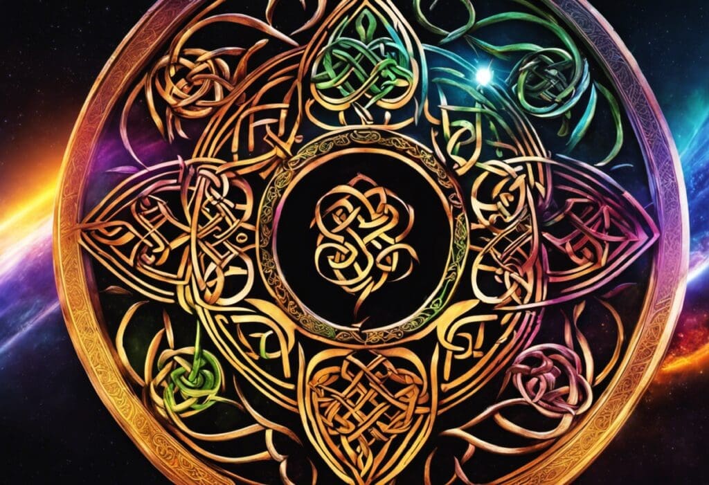 An image showcasing a vibrant Celtic knot design interwoven with symbols representing the four seasons, adorned with intricate solar and lunar symbols, to captivate readers with the lesser-known wonders of the Celtic calendar