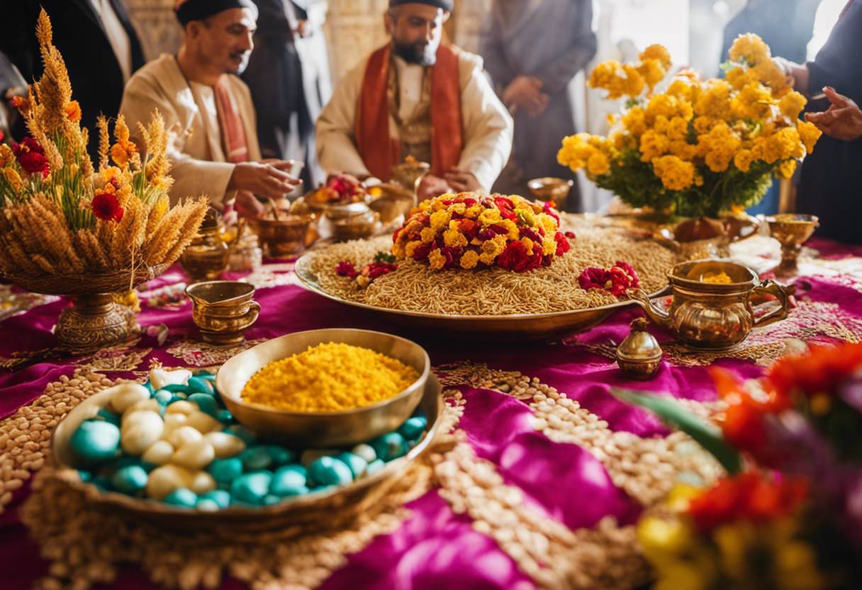 An image depicting a vibrant scene of Zoroastrians celebrating Nawruz, the Zoroastrian New Year