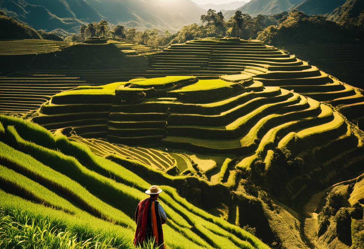 An image showcasing an Inca farmer examining the sky, surrounded by terraced fields and crops at different stages of growth