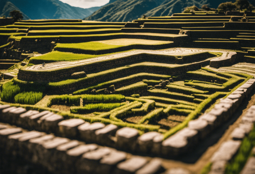 An image showcasing the stunning Inca calendar, intricately carved in stone, depicting agricultural scenes: farmers tending to terraced fields, vibrant crops flourishing, and the sun's position accurately marked