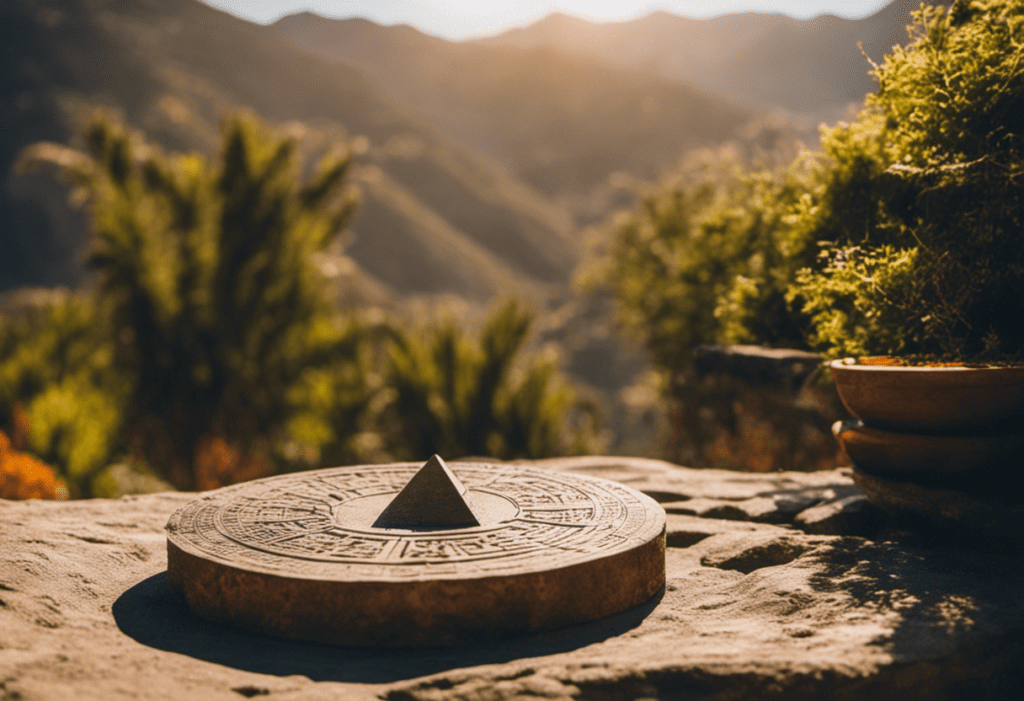 An image featuring a beautifully preserved stone sundial from ancient Inca civilization, casting intricate shadows on a vibrant terraced landscape