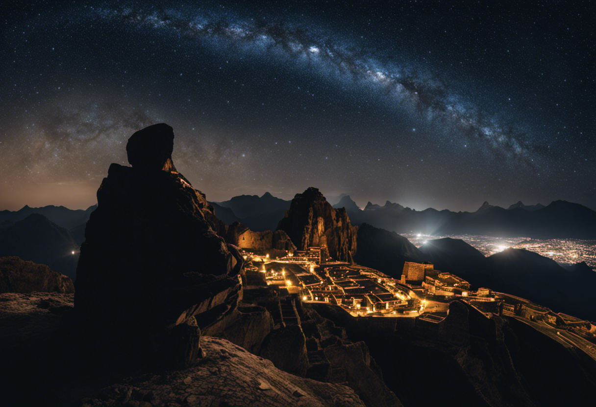 An image showcasing an Inca astronomer observing the night sky from a mountaintop, surrounded by ancient stone structures
