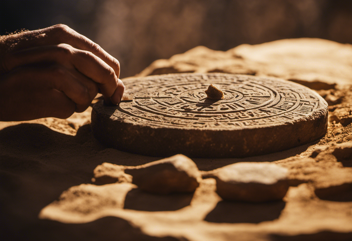 An image of a skilled archaeologist delicately brushing away layers of earth to reveal a perfectly preserved Inca calendar stone, bathed in golden sunlight, as ancient wisdom and knowledge resurface