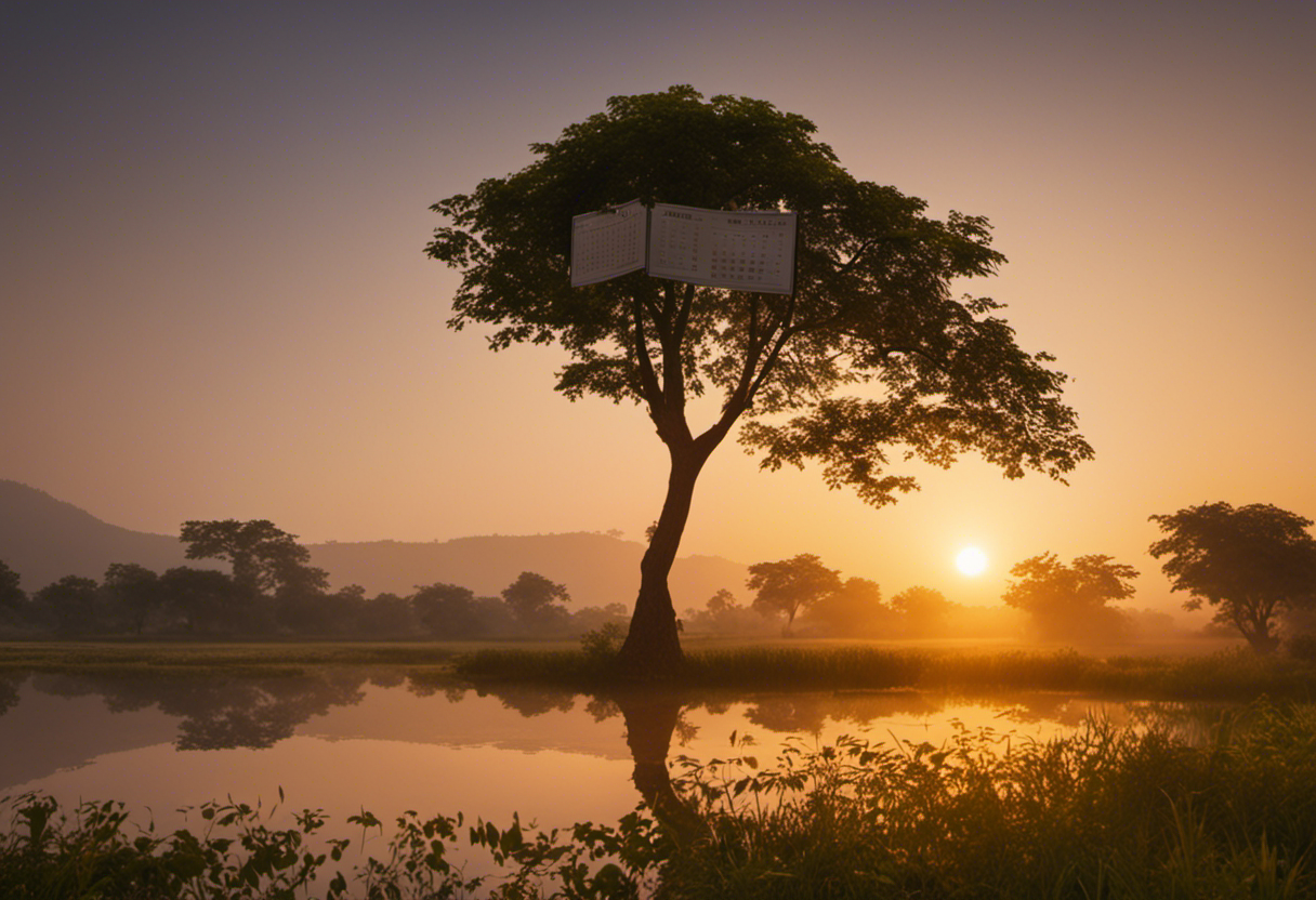 An image depicting a serene landscape at sunrise, showcasing the rising sun and a traditional Vikram Samvat calendar, emphasizing the meticulous calculation of days from one sunrise to the next