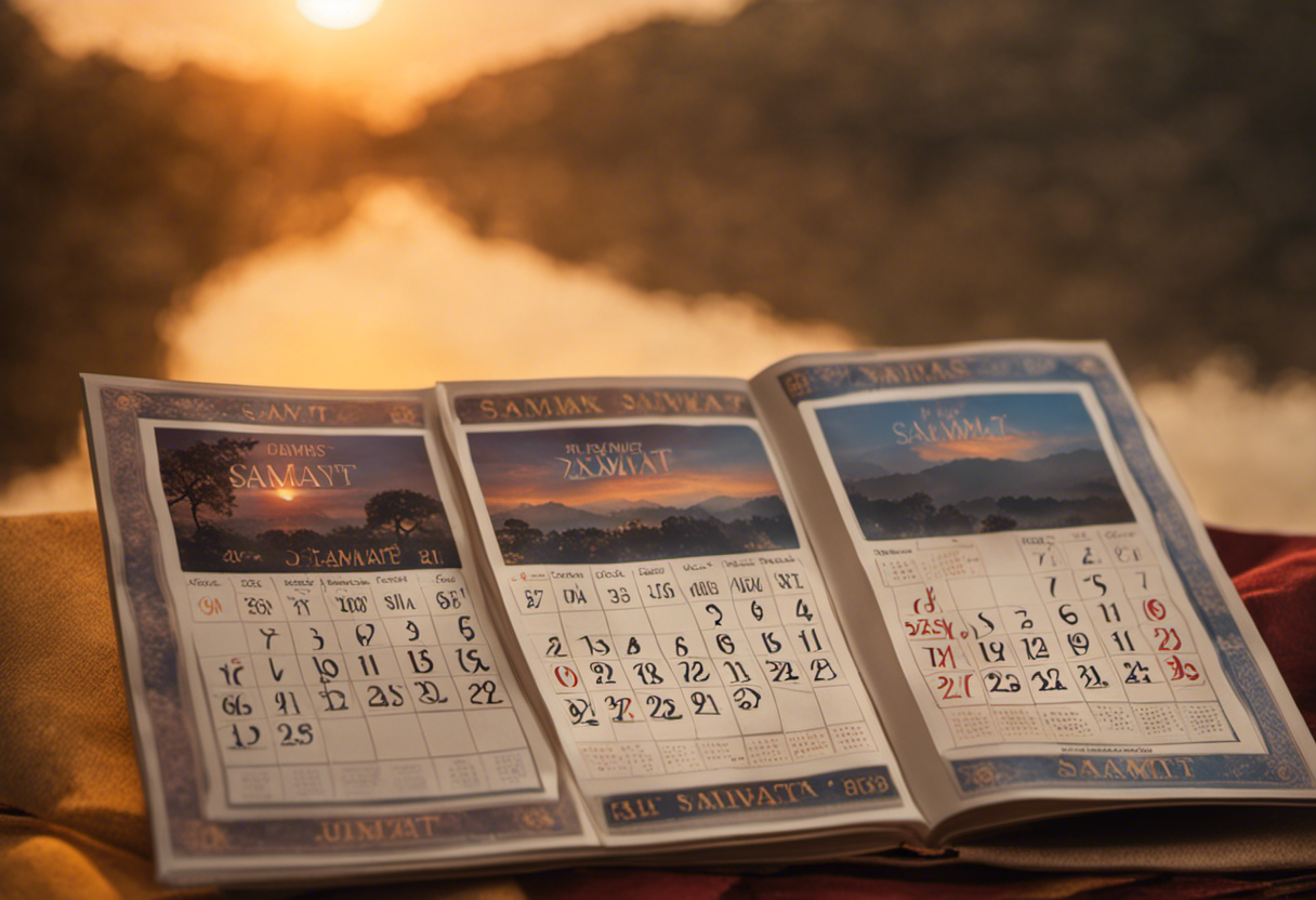 An image depicting a serene landscape at sunrise, with a traditional Vikram Samvat calendar prominently displayed