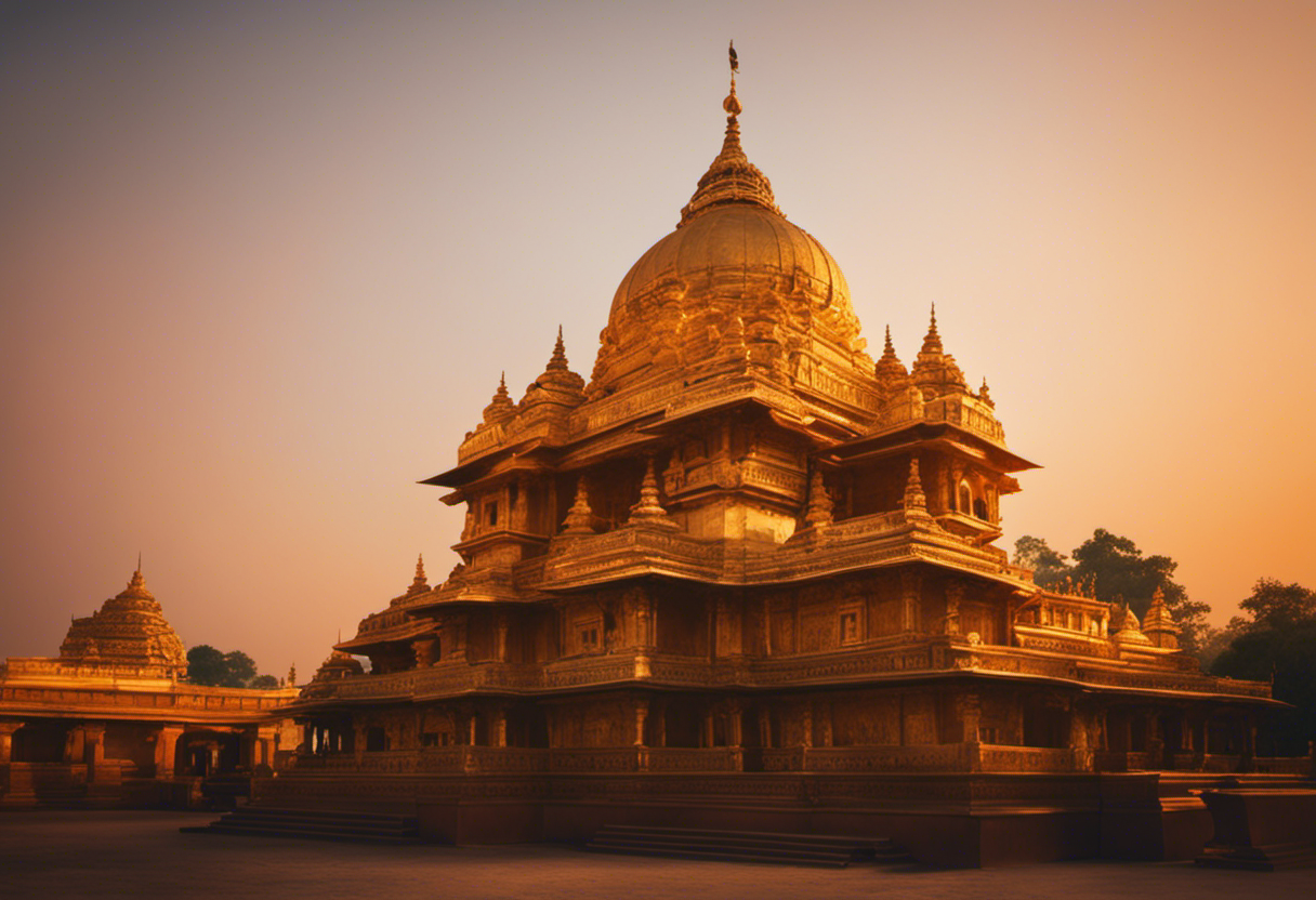 An image showcasing a serene landscape at sunrise, with vibrant hues painting the sky and casting a golden glow over a temple, symbolizing the significance of sunrise in Vikram Samvat's day-counting system