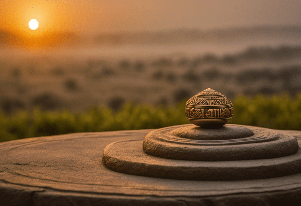 An image showcasing a serene landscape at dawn, with the rising sun casting a soft golden glow over a stone pillar engraved with ancient symbols, depicting the unique method of counting days in Vikram Samvat