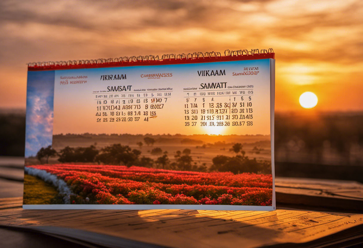 An image showcasing a vibrant sunrise overlooking a traditional Vikram Samvat calendar, juxtaposed with other iconic calendars like the Gregorian and Islamic, symbolizing the contrast and uniqueness of Vikram Samvat's sunrise-to-sunrise day counting system