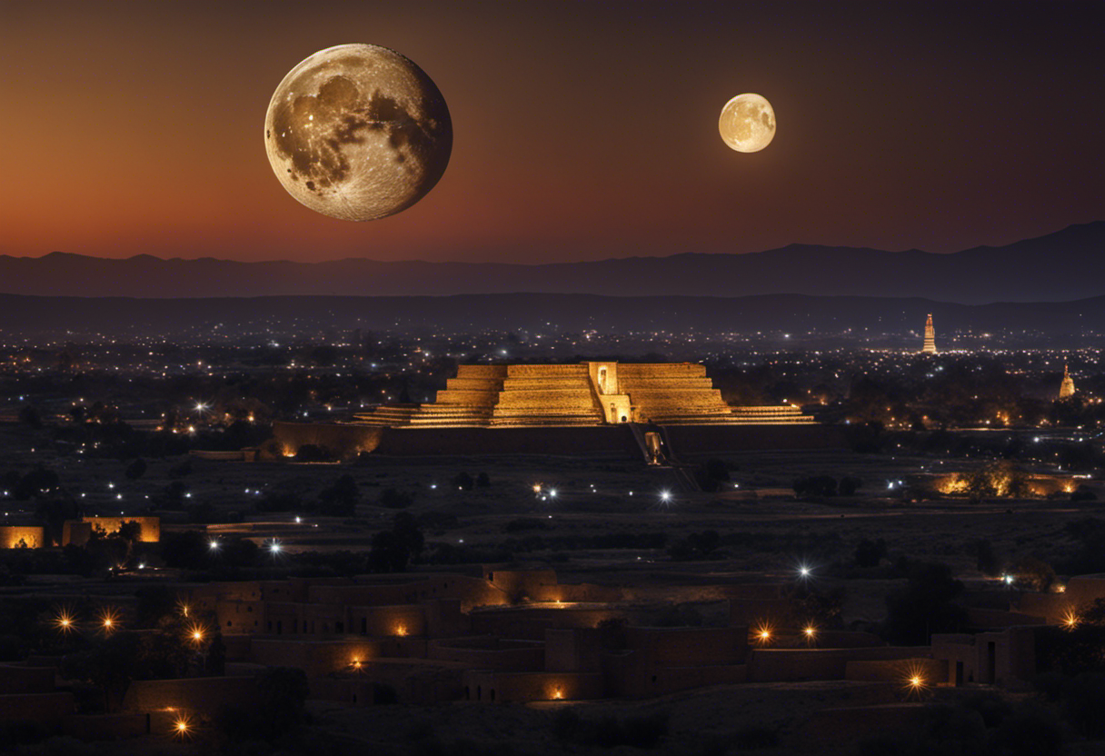 An image depicting a clear night sky over ancient Babylon, showcasing the mesmerizing phases of the moon