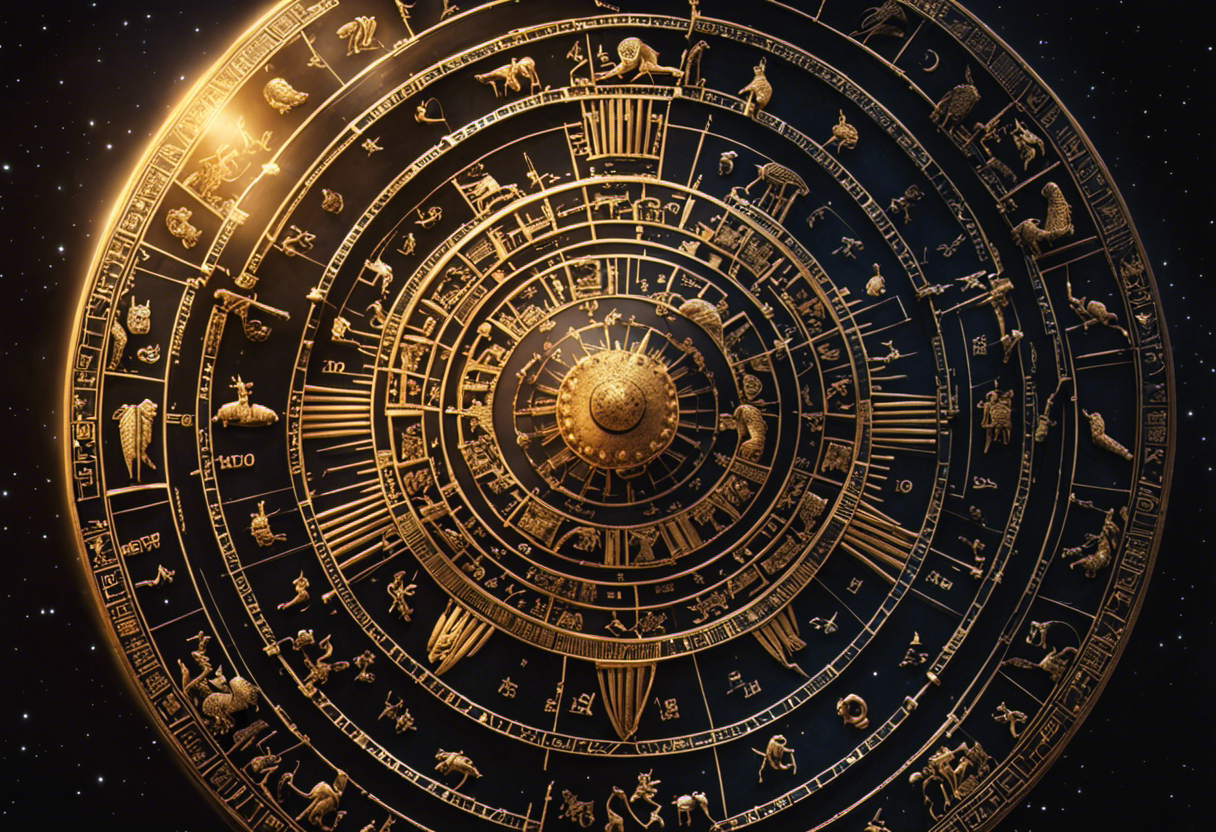 An image depicting the intricate Babylonian zodiac, with beautifully illustrated constellations and celestial symbols, showcasing the cultural significance and cosmological understanding behind the Babylonian calendar system