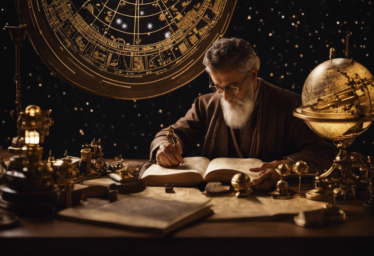 An image that depicts a Babylonian astronomer studying the night sky, surrounded by a celestial map and intricate astronomical instruments, showcasing the role of astrology in their timekeeping system