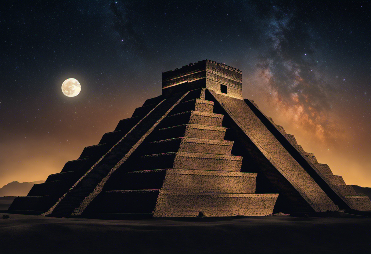 An image depicting a serene, night-time Babylonian landscape with a grand, ancient ziggurat silhouetted against a starry sky