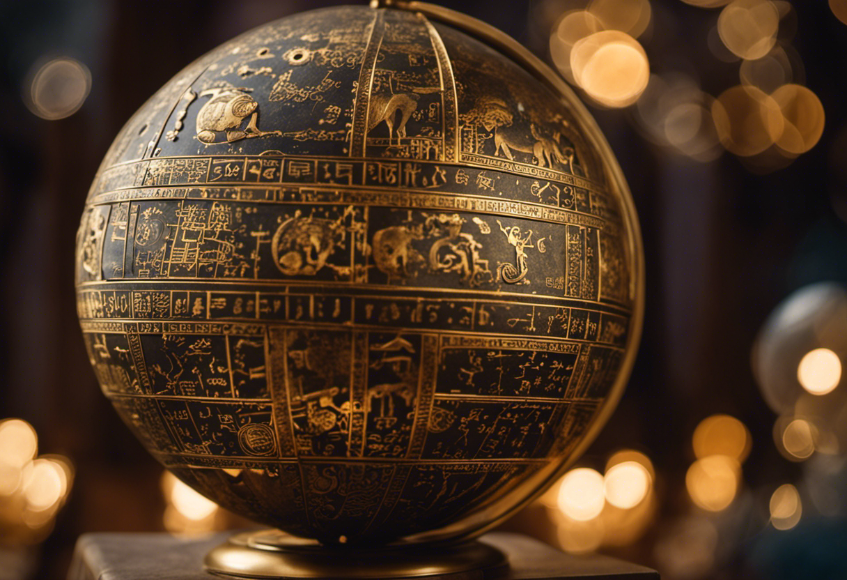 An image showcasing the intricate mechanism of the Babylonian calendar, featuring a celestial globe adorned with zodiac signs and cuneiform inscriptions, with astronomers meticulously observing the heavens in the background