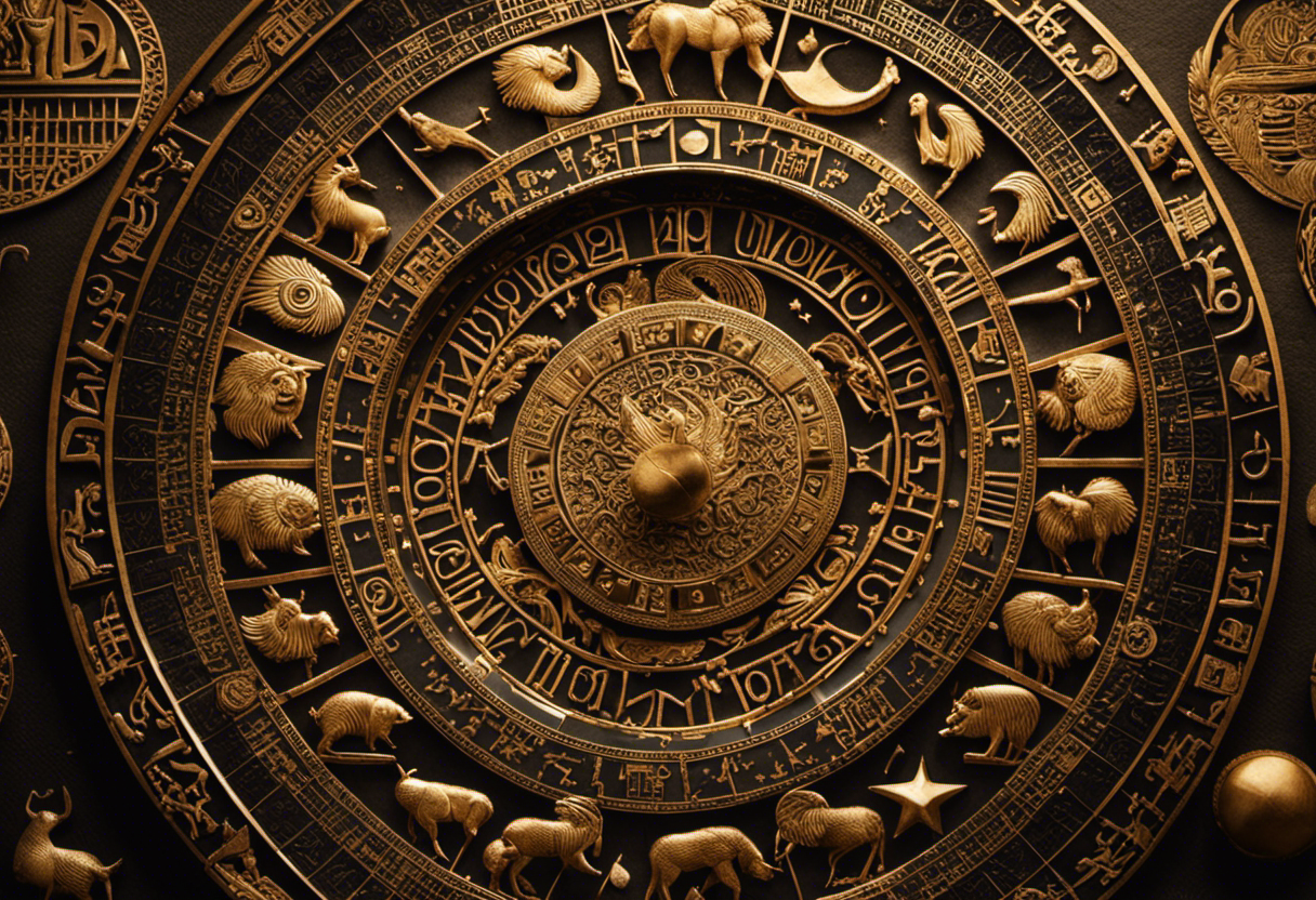 An image that showcases the intricate Babylonian zodiac, with carefully carved symbols representing the 12 lunar months, highlighting the unique 354-day calendar system and its significance in understanding the Babylonian year