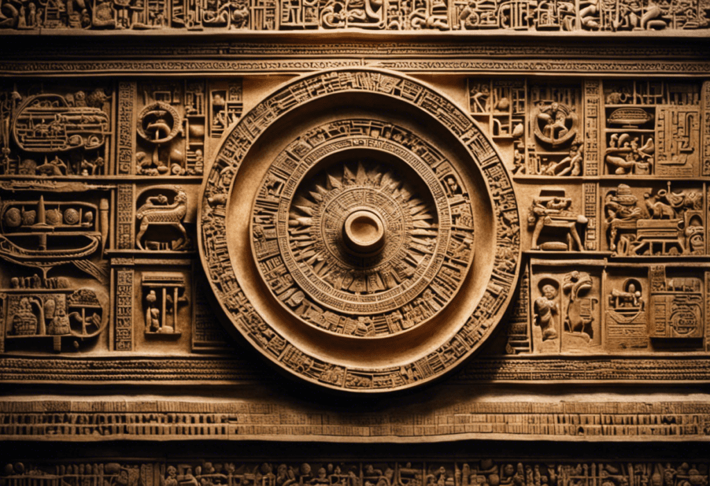 An image depicting a mesmerizing wall carving in ancient Babylon, illustrating the celestial bodies and intricate astronomical calculations, revealing the mysterious and precise calculation of the Babylonian year