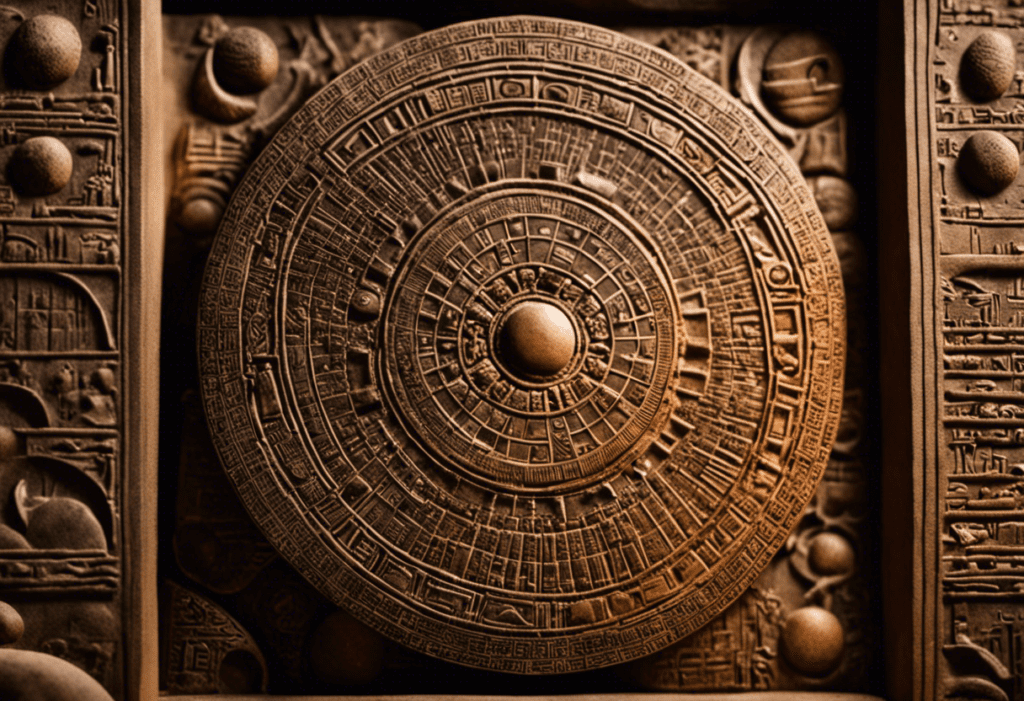 An image depicting a clay tablet engraved with intricate cuneiform symbols, showcasing the celestial motifs of the Babylonian zodiac, surrounded by faded astronomical charts and meticulously carved lunar phases