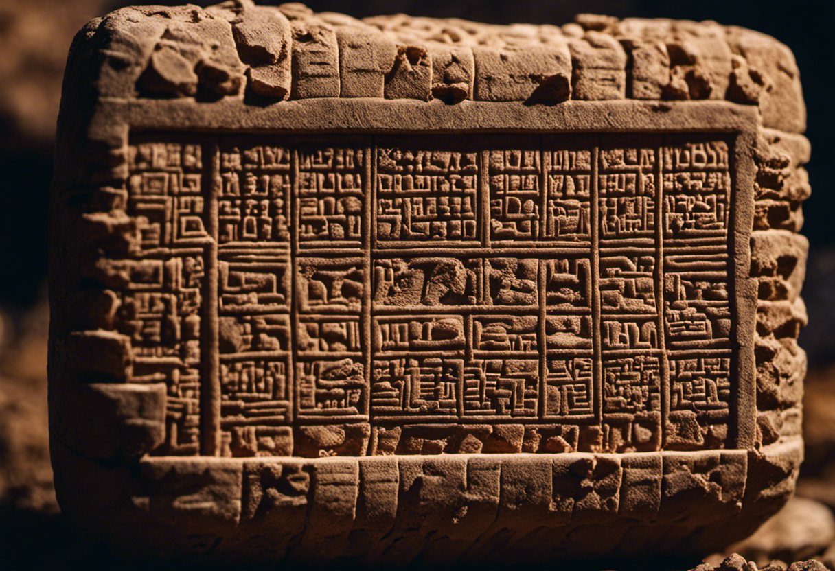 An image depicting an ancient clay tablet covered in intricate cuneiform markings