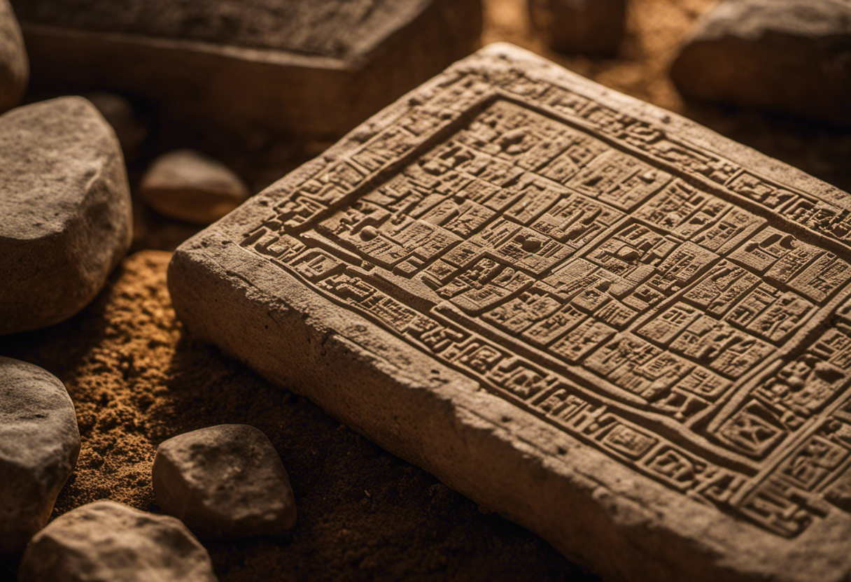 An image depicting a stone tablet covered in intricate cuneiform inscriptions, surrounded by ancient ruins