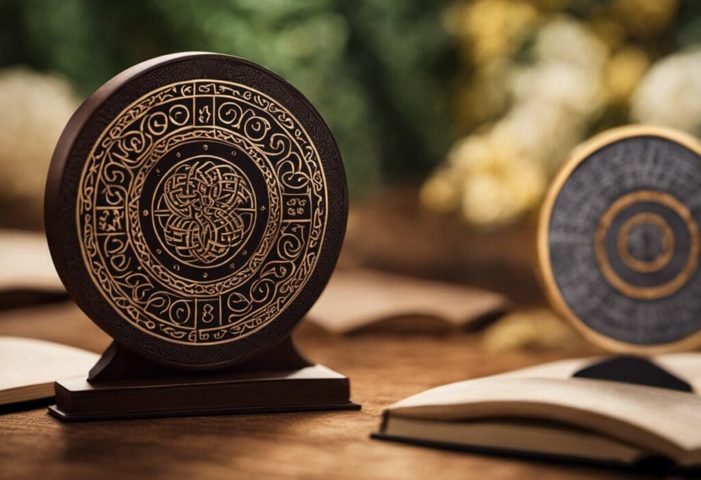 An image showcasing a circular Celtic calendar adorned with intricate knotwork patterns, where each month is represented by a unique symbol inspired by nature, while the Gregorian calendar remains in the background, rectangular and plain