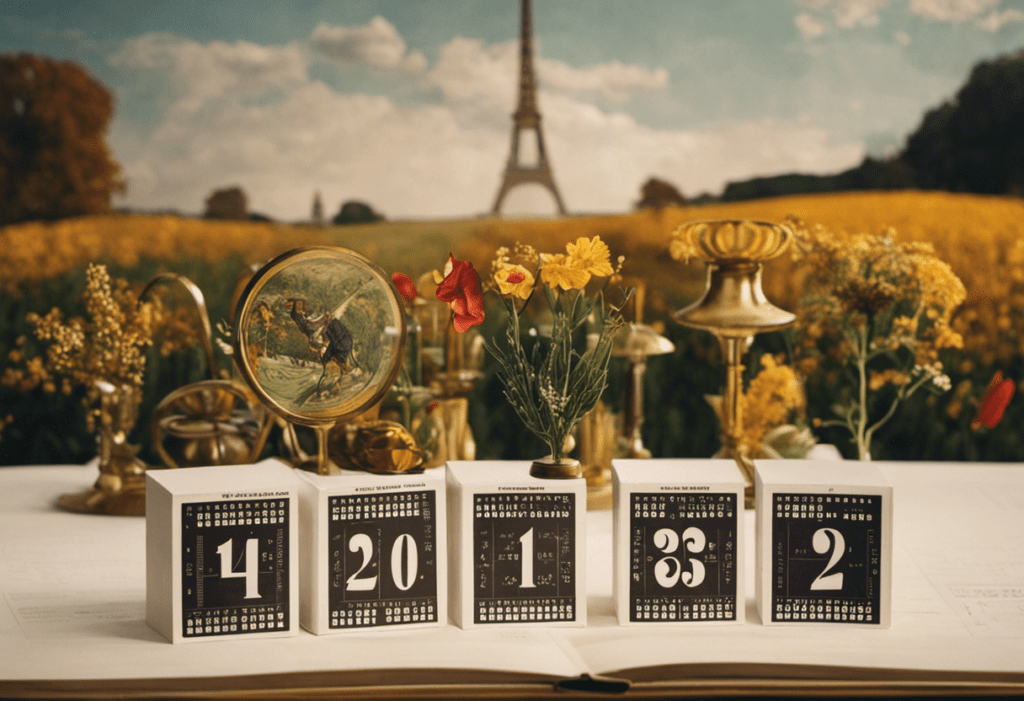 An image that showcases the unique structure of the French Republican Calendar, depicting twelve months with varying lengths, each adorned with symbolic illustrations representing the seasons, agriculture, and revolutionary ideals