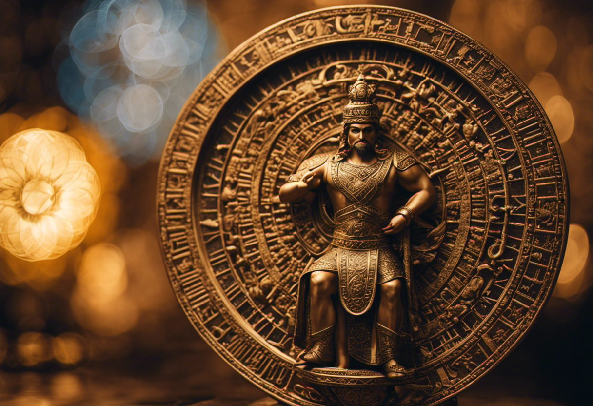 An image depicting a majestic ancient Persian king, surrounded by a celestial backdrop, observing the stars and a calendar wheel, symbolizing the profound influence of the Zoroastrian calendar on historical events